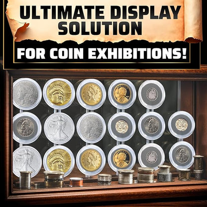 60 Pcs Silver Dollar Holder Case - Universal Sizes (30/33/38/40mm) with Foam Gaskets and Moisture Protection - Transparent Plastic Capsules with Organizer Box for Collectors
