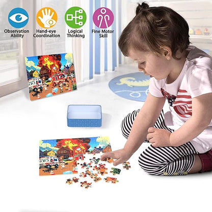 LELEMON Puzzles for Kids Ages 4-6, Fire Fighting 60 Piece Puzzles for Kids Ages 3-5 in a Metal Box, Educational Jigsaw Puzzles Childrens Puzzle Games Puzzle Toys for Girls and Boys