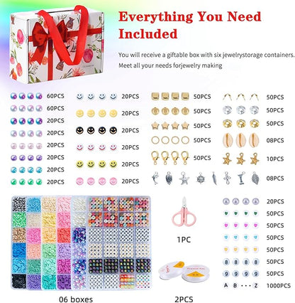 Premium 6-Box Clay Beads Bracelet Making Kit - 12,000 Polymer & Heishi Beads in 96 Colors,Jewelry Kit with Over 1,300 Letter Beads & Exclusive Mermaid Charms - Gift for DIY Enthusiasts