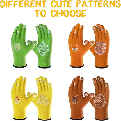 COOLJOB Breathable Toddler Work Gloves for Gardening Boy Girl Ages 6-9 Large, Nylon Kids Garden Gloves with Grip, Children Yard Gloves for Digging Weeding Landscaping, Green & Orange, 2 Pairs