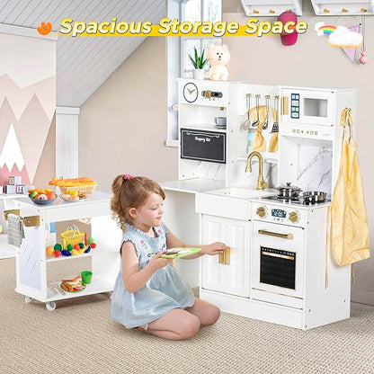 Kids Play Kitchen with Removable Cart, Wooden Toddler Kitchen Playset with Oven, Stove, Sink, Coffee Maker, Pretend Play Toy Kitchen Set for Children Boys Girls Ages 3