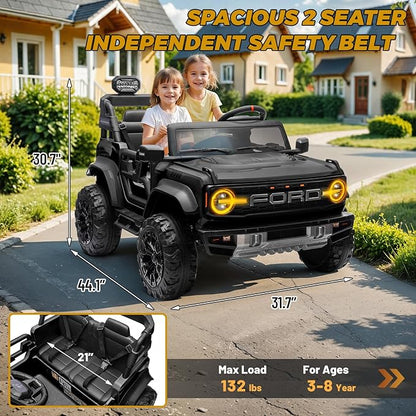 ENYOPRO 24V Licensed Ford Bronco Raptor Electric Car for Kids, 2 Seater Battery Operated Ride On Truck Toys with Remote Control, 4-Wheel Suspension, Bluetooth, Radio, LED Lights, 3 Speed - Black