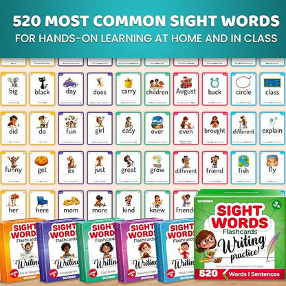 QUOKKA 520 Sight Words Flash Cards for Kids – 5 Levels from Pre-K to 3rd Grade – Bold Font & Jumbo Size & Dry Erase Color-Coded Cards with Rings for Sorting – Based on Dolch & Fry Word Lists