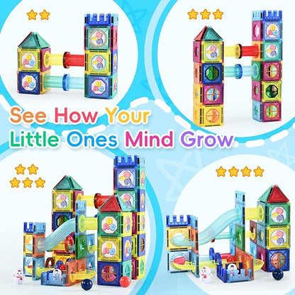Magnetic Building Tiles, 158 PCS Magnetic Tiles for Kids Ages 3-5, 3D Magnet Building Blocks Set, STEM Learning, Education and Encourage Imagination, Presents for Boys and Girls