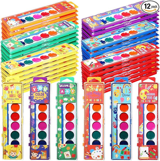 12 Packs Halloween Watercolor Paint Set for Kids 8-Color Washable Watercolor Paint Bulk with Paintbrush for Preschool Classroom Painting Favors Back to School Gifts Halloween Party Supplies