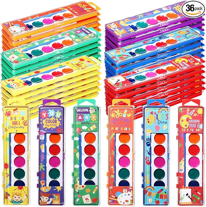 36 Packs Halloween Watercolor Paint Set for Kids 8-Color Washable Watercolor Paint Bulk with Paintbrush for Preschool Classroom Painting Favors Back to School Gifts Halloween Party Supplies