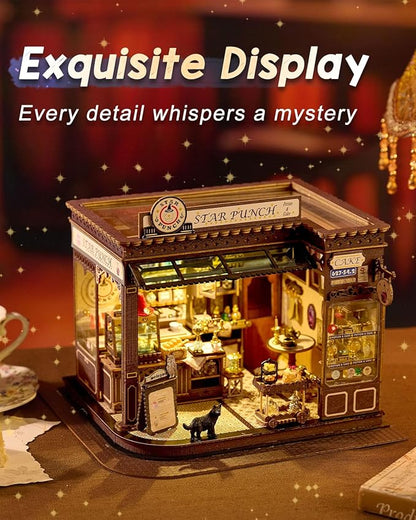 Miniature House Kit Magic Coffee Shop, DIY Miniature Dollhouse Kit for Adults, Tiny House with Furniture & LED Lights, Wooden Craft Mini Model Kits, Birthday Gift for Teens Family Friends