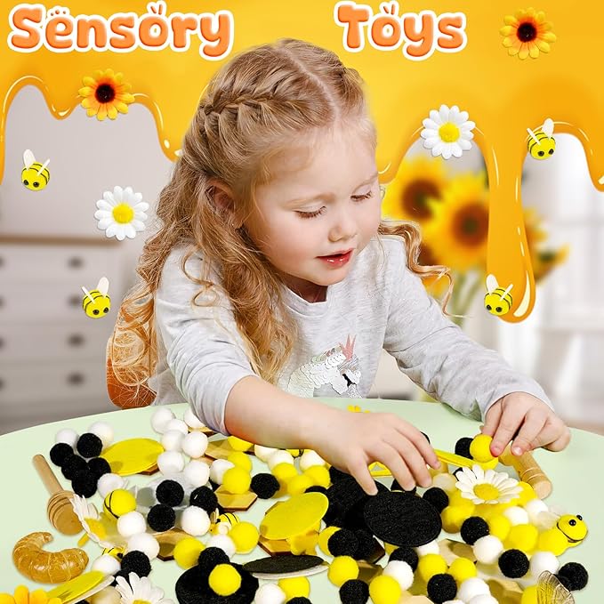 Hiawbon Bee Sensory Bin Tools, Wooden Sensory Tool Sets, Bee Growth Cycle, Honeycomb Model, Bee Themed Pom Pom Bee Sunflower Wooden Chip Scoops for Counting Sorting Hammering Pounding