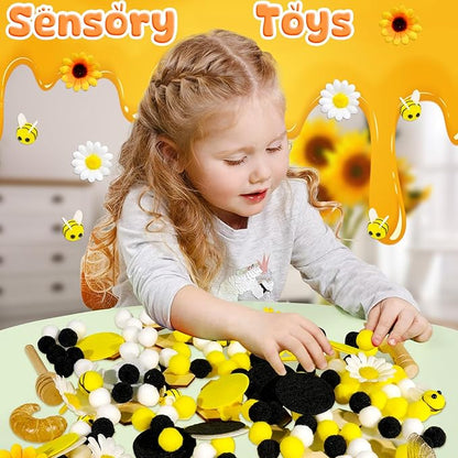 Hiawbon Bee Sensory Bin Tools, Wooden Sensory Tool Sets, Bee Growth Cycle, Honeycomb Model, Bee Themed Pom Pom Bee Sunflower Wooden Chip Scoops for Counting Sorting Hammering Pounding