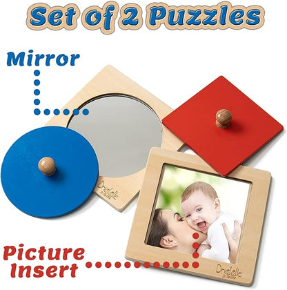 Montessori Toys - Wooden Knob Shape Puzzles - Mirror & Photo Insert - Learn Colors & Shapes Interactive Baby & Toddler Toys