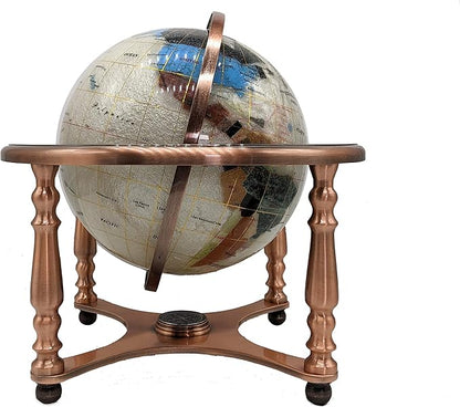 Limited Edition! Unique Art Since 1996 Pearl Ocean Table Top Gemstone World Globe with 4 Leg Copper Plated Zinc Alloy Stand (220MM/PEARL OCEAN/4LEG COPPER)