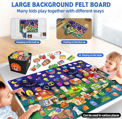 200Pcs Felt Story Board Set with Storage Bag Preschool Teaching Wall Flannel Busy Board Bonfire Party Themed Early Learning Interactive Play Toys Wall Hanging Gift for Toddlers Kids 40 X 28 Inch