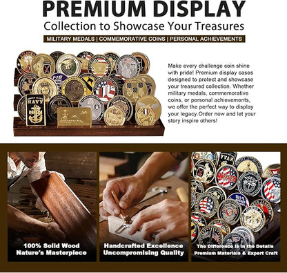 Handmade 3-Tier Challenge Coin Display Case - Holds 40+ Military Coins - Walnut Finish Wooden Holder for Desk Display - Premium Gift for Collectors & Armed Forces (Retirement, Promotion)