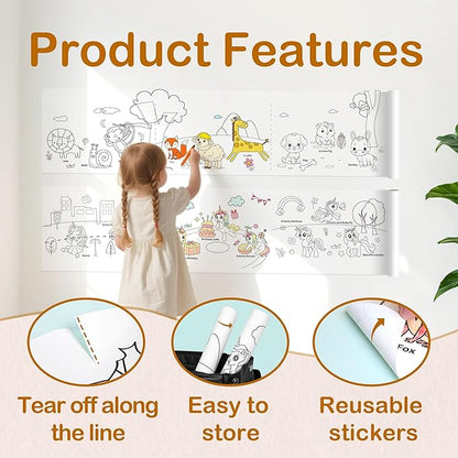 YPLUS Children Drawing Roll, Coloring Paper Roll for Kids, 120 x 11.8 Inch Sticky DIY Painting Drawing Paper Rolls for Toddler, Kids' Gift, Party Activities, Wall Coloring Paper Stickers - Animal