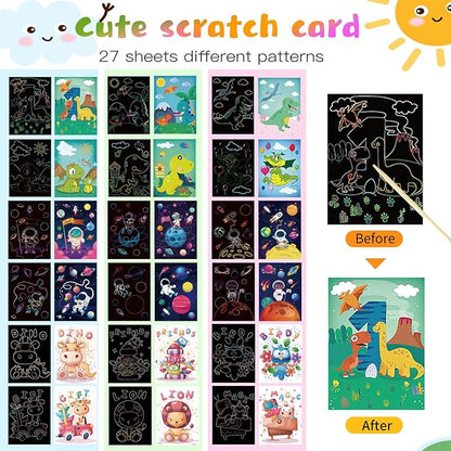KSIWRE 3 Set Scratch Paper Art for Kids, Magic Rainbow Scratch Art with 3 Scratch Pen, Colorful Painting Book Gifts for Kids Boys Girls (Dinosaurs/Spaceman/Cute Animal)