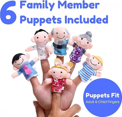 Finger Puppet Theater Stage by Better Line - Set Includes 6 Finger Family Puppets - Portable Plush Finger Puppet Theater is The Best Preschool Kids (Blue)