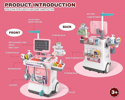 Doctor Kit for Toddlers - Deluxe Pretend Play Medical Cart Toy Set with Stethoscope ,Thermometer,Doctor Costume & Carry Bag - Educational Role Play Gift for Kids Boys & Girls Ages 3 4 5（Pink）