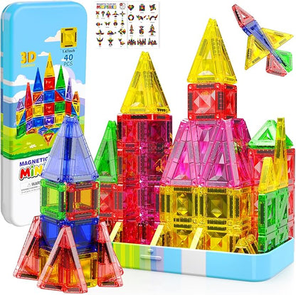 Mini Diamond Texture Magnetic Tiles with Iron Box, 40 PCS Travel Magnetic Tiles, STEM Educational Building Set Construction Toys for Kids Ages 3+, Portable Building Toys for Toddlers, Boys & Girls