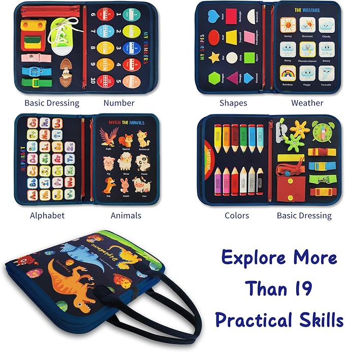 Busy Board - Dinosaur Montessori Toys for 3 4 5 Year Old - Sensory Toys for Autistic Children - Toddler Travel Toys - Busy Book for Toddlers Activities as Boys Girls Gift