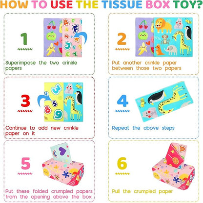 Baby Tissue Box - Montessori Toys for 6-12 Months, 1 Year Old - Soft Stuffed High Contrast Crinkle Infant Sensory Toy, Boys&Girls Toddler Early Learning Baby Gifts