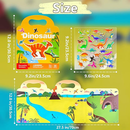 3 Pack Reusable Sticker Books for Kids, Waterproof Puffy Stickers - Match the Shape and DIY Scene, Toddler Travel Essential Quiet Time Activities Toys - Vehicle, Space and Dinosaur (2-6 Age)