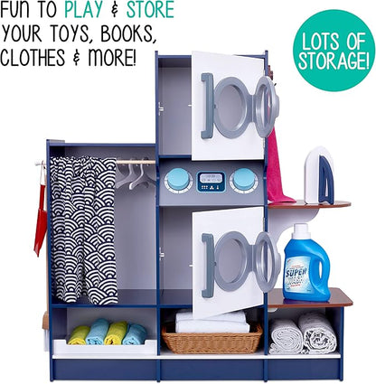 Lil' Jumbl Kids Washer and Dryer Playset, Wooden Children's Pretend Laundry Set, Includes Broom, Dustpan, Iron, Hangers & Basket, Realistic Laundry Room for Kids