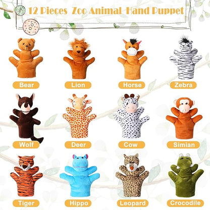 Hungdao 12 Pieces Hand Puppet Zoo Animal Plush Puppets Cute Animal Plush Pretend Educational Toys with Tiger Lion Bear Leopard Design for Telling Story Teaching Role Play