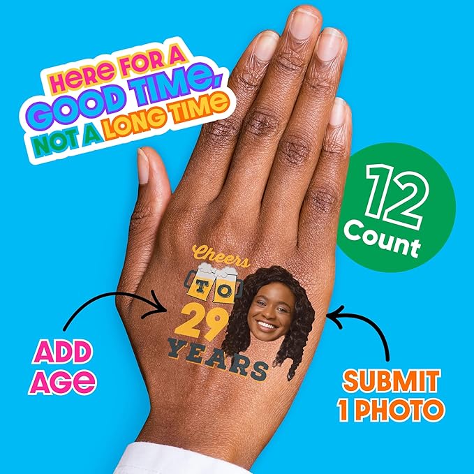 Big Dot of Happiness Custom Photo Cheers and Beers Happy Birthday - Birthday Party Favors - Fun Face Temporary Tattoos - Set of 12
