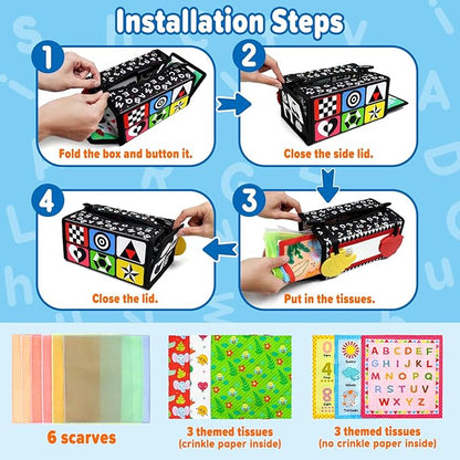 Dr.Rapeti Tummy Time Mirror, Tissue Box Toy, 3in1 Black and White High Contrast, Double-Sided Foldable Sensory Montessori Toy, Crinkle Silk Scarves Teethers 0-6 6-12 Month Newborn Infant Baby