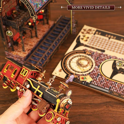 DIY Book Nook Kit for Adults - LED Magic Station Book Nook with Steam Train, Mini House Bookshelf Decor 3D Wooden Puzzles with LED Light, Alley Model Build Birthday Gift for Family, Friends