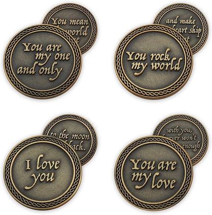 Romantic Love Expression Antique Gold Plated Coins for Date Night, Pack of All 12 Valentine Coins for Significant Other, Love Gift for Men and Women, from Him or Her