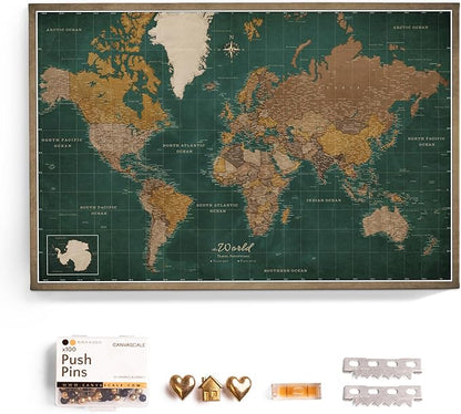 Canvas World Map with Cork Pin Board - English Lettering - Decorative Wall Decoration for All Rooms - Canvas Pictures with World Map Motif (90x60 cm, Pattern 4)