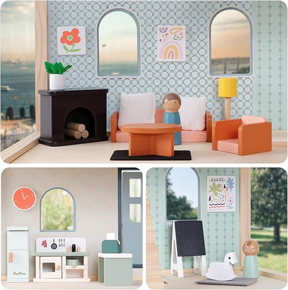 PairPear Wooden Dollhouse Furniture Set,56 Pieces Doll Furnitures with 5 Room Kits Play Fingers,Doll House Miniature Furniture Pretend Play Toys Gift for Toddler Boys and Girls 3Y+