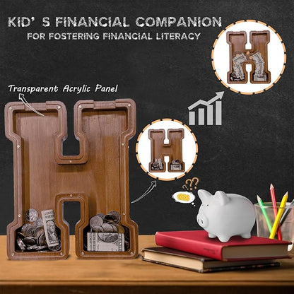 Wooden Letter Piggy Bank for Kids Larger Letter Piggy Bank for Boys and Girls Personalized Piggy Bank Initial Coin Bank Wood Kids Money Bank for Birthday and Festival