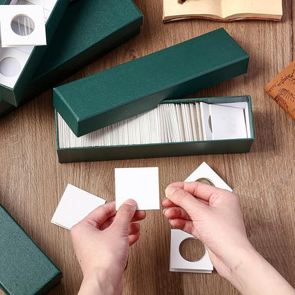 Teling 4 Pcs Coin Storage Box 2x2inch Flip Holders Collectors Coin Supplies Holders for Cents Collection Cardboard(Dark Green)