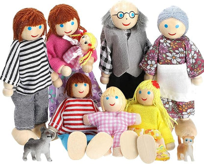 Skylety 10 Pcs Wooden Dollhouse Set of Mini People Figures Dollhouse Dolls Wooden Doll Play Figures Accessories(Classic Style)
