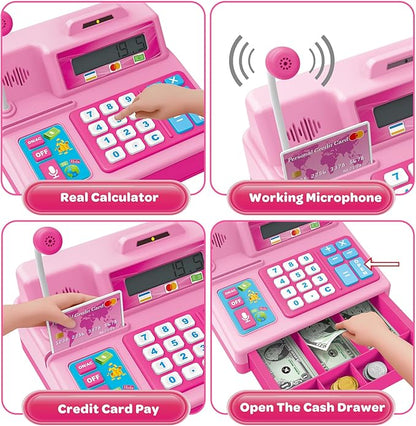 BAODLON Calculator Cash Register - 103 Pcs Pink Toy Cash Register, Microphone, Credit Card and Banking for Kids, Early Math Skills Toys Gifts for 3, 4, 5, 6 7 8+ Years Old Boys Girls