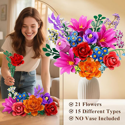 Flowers Bouquet Building Set with LED Light, 21 Flower Botanical Collection Building Block Toy, Rose Lily Plants Home Office Decor 1054PCS, for Her Adults Women Kids Girls 12+ (RED)