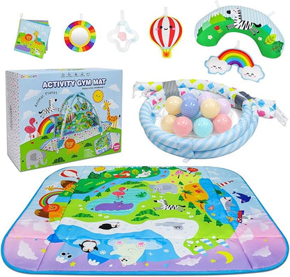 Dr.Rapeti Baby Play Gym Mat Animal Planet with Ball Pit Activity Gym Center Tummy Time Mat Thickened Mat Sensory Exploration Motor Skill Development for Newborn Infant Baby Toddler for 0+
