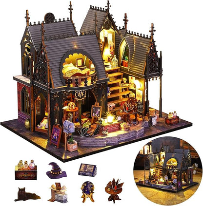 DIY Miniature House Kit, Tiny for Adults to Build, 3D Wooden Puzzles Dollhouse Bookshelf Insert Decor Alley-Creativity Kit with LED Light for Family and Friends (Luna's Magic House)