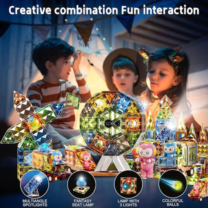 Deluxe Quality Magnetic Tiles Building Set with Attractive Reflective Pattern, LED Lights, Marble Run, and Cars - STEM Educational Toy for Creative Kids Girls Boys 3+ (147 pcs Big Castle with 2 Cars)