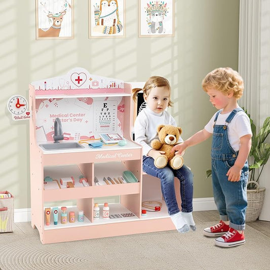 HONEY JOY Kids Wooden Doctor Play Set, 2 In 1 Checkup Medical Office Center & Vet Clinic Station, Exam Area & Interactive Accessories, X-Ray, Toddler Pretend Hospital Playset Kit for Boys Girls (Pink)