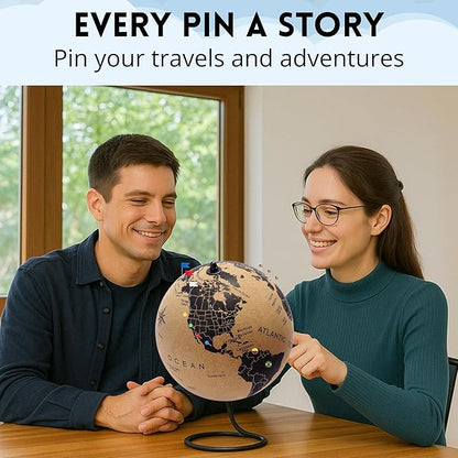 Large Cork Globe 12.6" Tall | World Travel Map with Metallic, Colored & National Flags Push Pins | 3D World Map Pin Board for Home or Office | Unique Gift for Travelers, Couples & Families