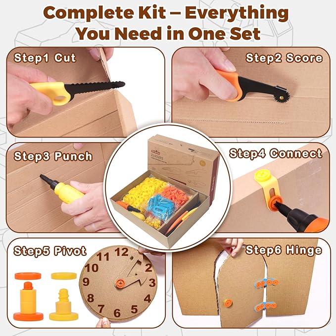 Cardboard Construction Kit - 401 PCS Kids Building Set with Safe Serrated Cutter, Crease Roller, Screws & Nuts, STEM Upcycled Tool for DIY Cardboard Projects, Engineering & Creativity