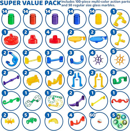 JOYIN 207Pcs Glowing Marble Run, Construction Building Blocks Toys with 5 Glow in The Dark, STEM Toy for Boys and Girls, Educational Toy, Gift for Christmas(147 Plastic Pieces + 60 Glass Marbles)