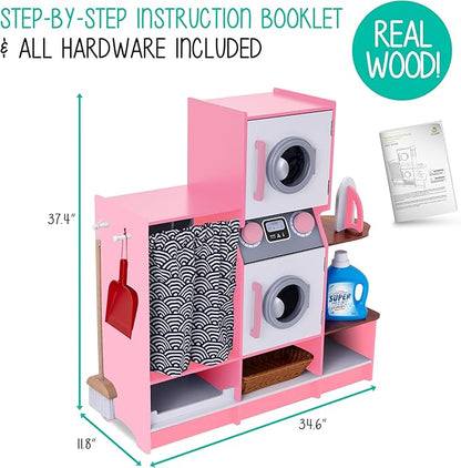 Lil’ Jumbl Kids Washer and Dryer Playset, Wooden Children's Pretend Laundry Set, Includes Broom, Dustpan, Iron, Hangers & Basket, Realistic Laundry Room for Kids - Pink