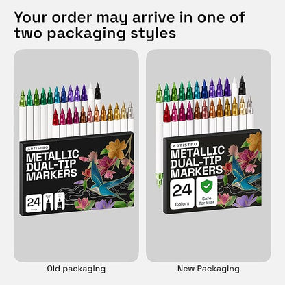 ARTISTRO 24 Metallic Dual Tip Brush + Fine Acrylic Paint Pens Ideal for Calligraphy - Paint Markers for Fabric, Rock, Glass, DIY - Stocking Stuffers, Christmas Gift Idea for Teens, Grandkids, Kids
