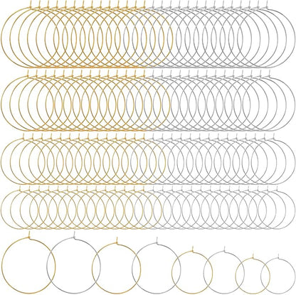 Pndeyo 120pcs Hypoallergenic Earring Beading Hoops, Mix Sizes Round Hoop Earrings Findings, Open Earring Wire Ring Accessories for Jewelry Making- Gold & Silver