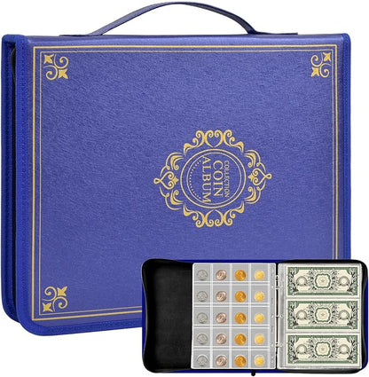 Coin Collection Book Holder for Collectors, 200 Pockets Coins Collecting Album & 30 Sleeves Paper Money Display Storage Case for Currency Collection Supplies (200+30 paper money binder)-Blue