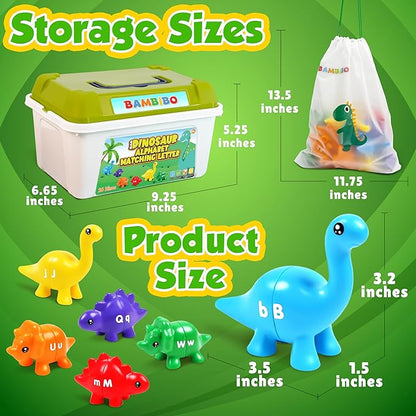Bambibo Dinosaur Alphabet Learning Toys - 52pc in Storage Box | 26 Double Sided Dino Matching Toys | Preschool Dinosaur Letter Matching Toy for Toddlers 3-5